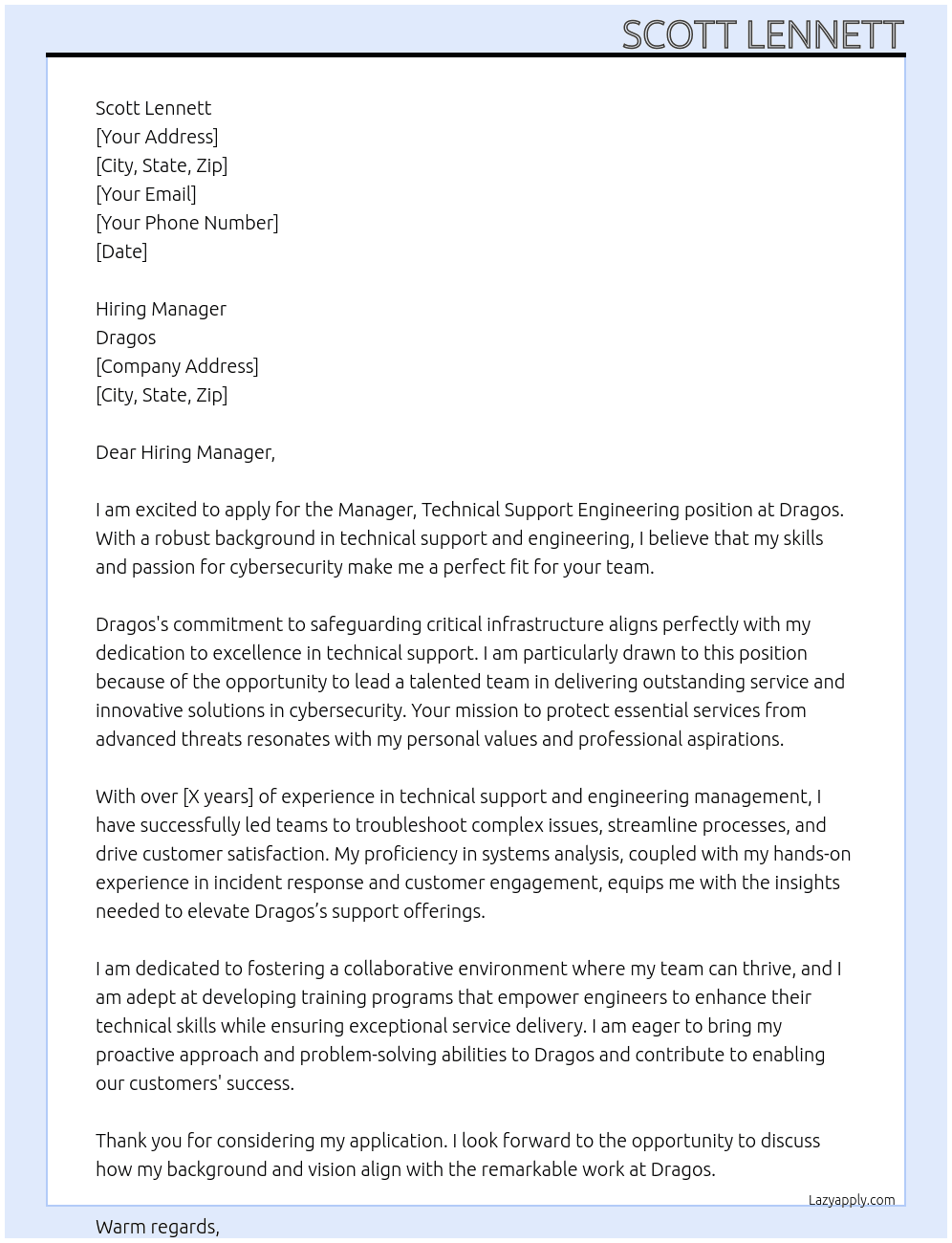 Manager, Technical Support Engineering At Dragos Cover Letter