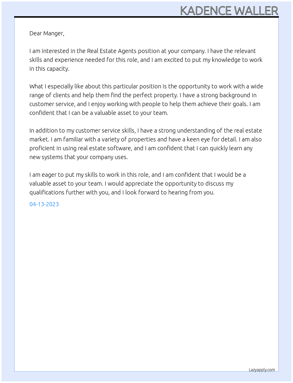 Real Estate Agents At Real Estate Company  Cover Letter