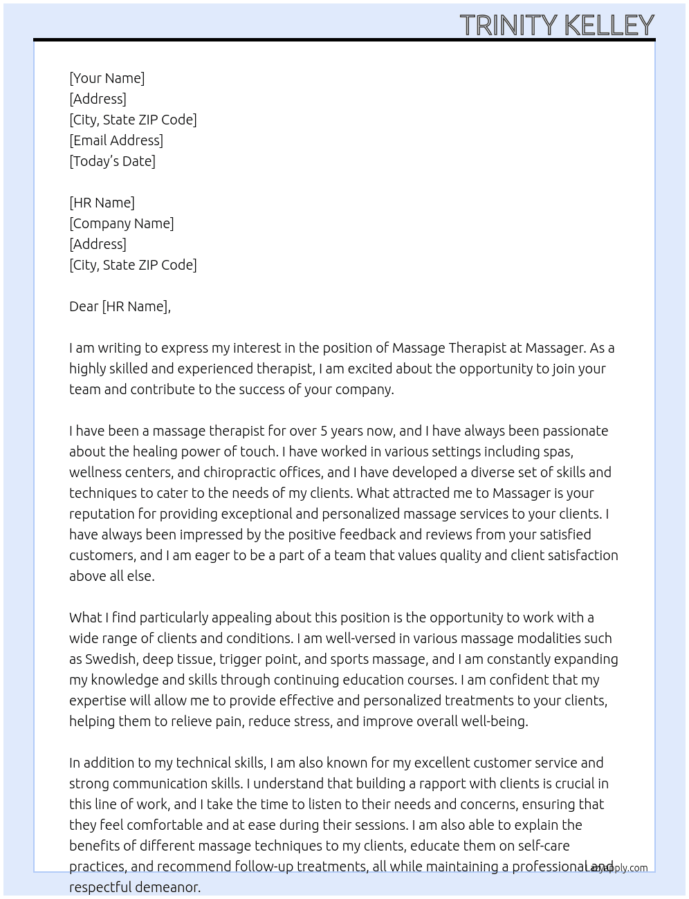 Massage therapist  At Massager Cover Letter