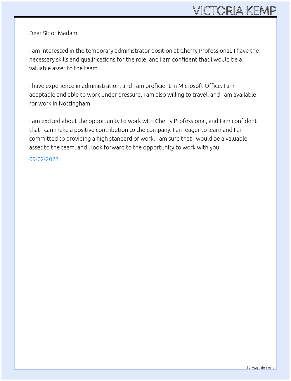 Temporary Administrator At Cherry Professional Cover Letter