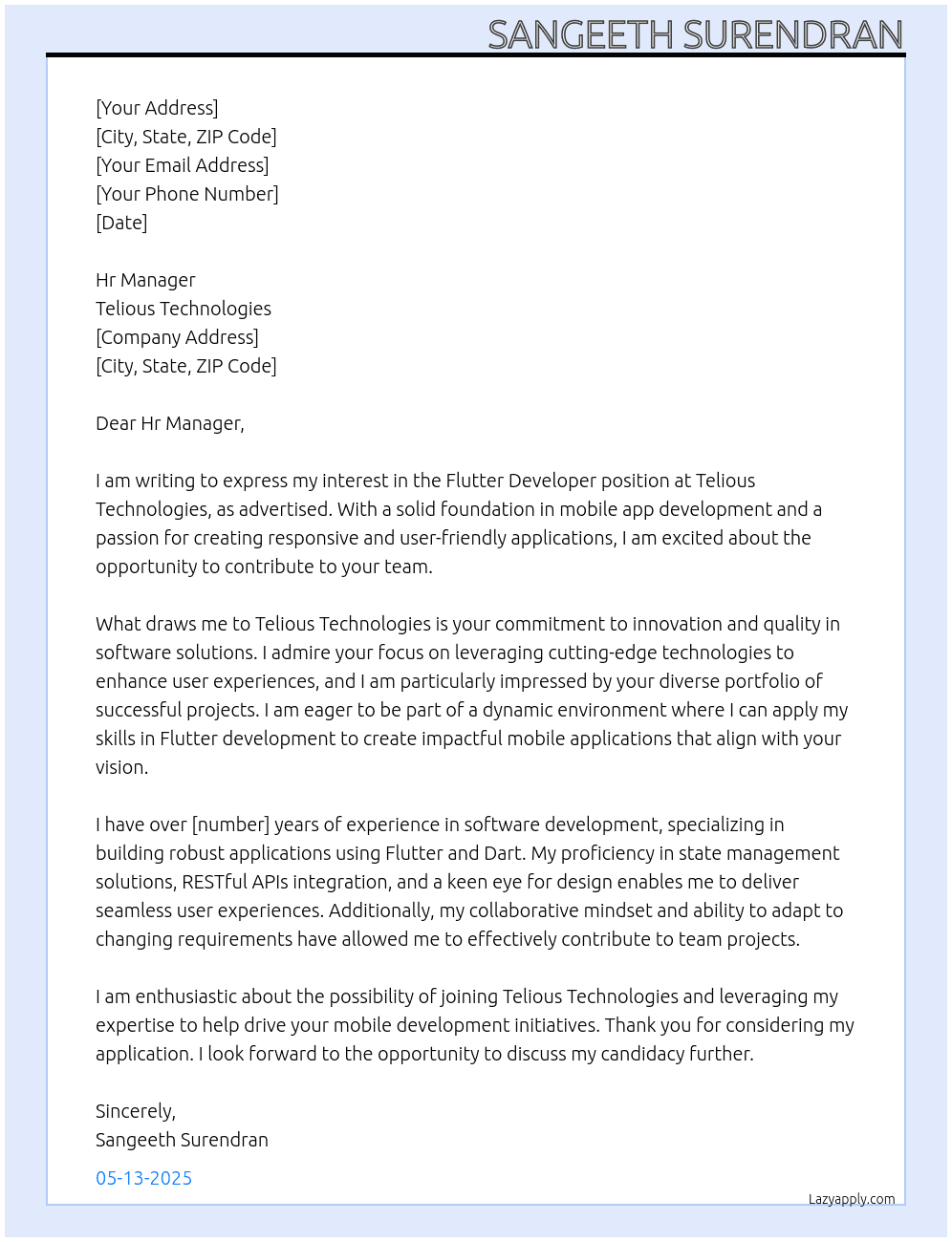 Flutter Developer  At Telious Technologies  Cover Letter