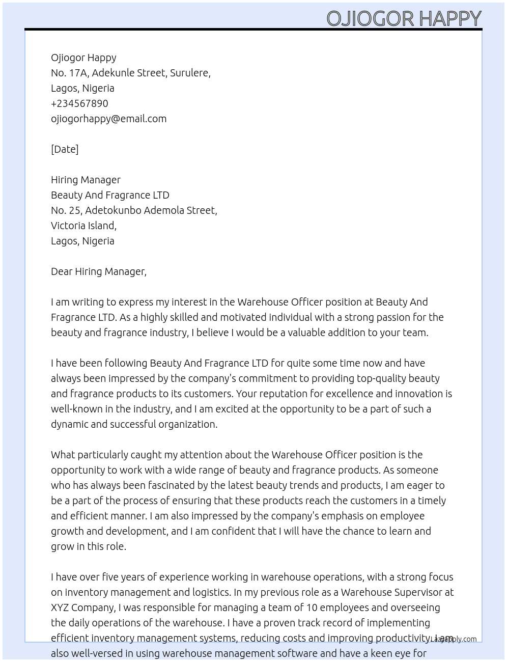 Warehouse Officer At Beauty And Fragrance LTD Cover Letter