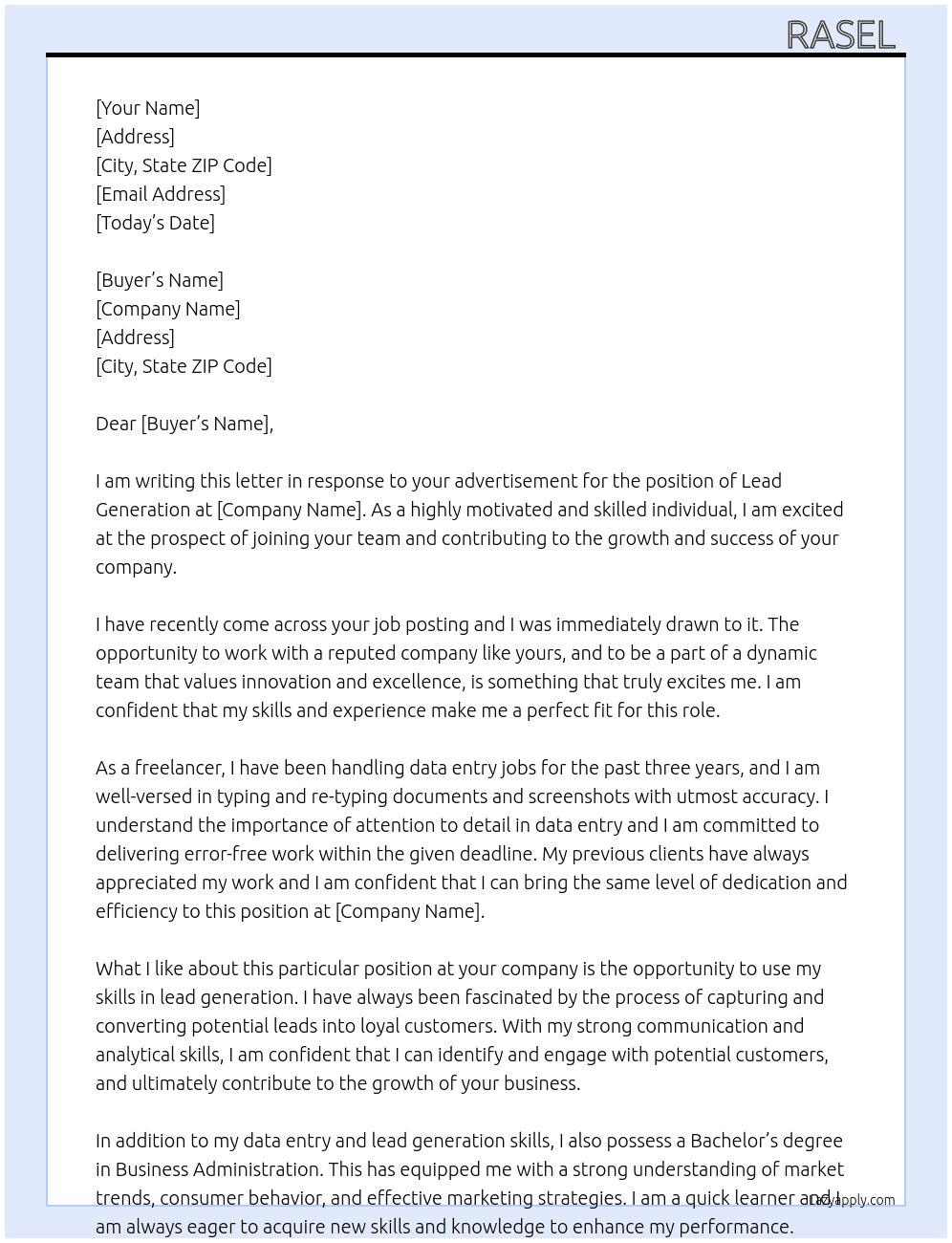 Lead Generation  At buyer Cover Letter