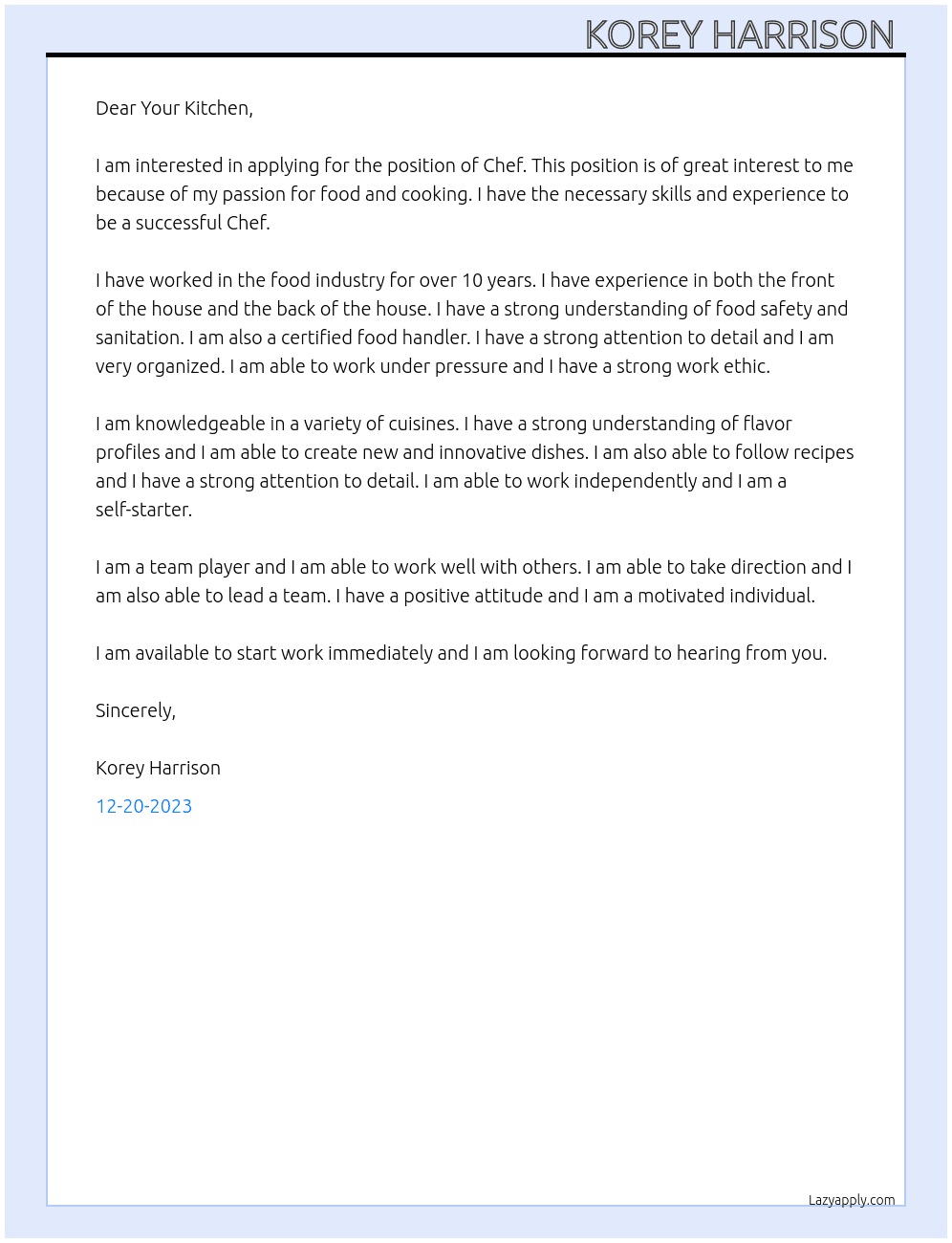 Chef At Your kitchen  Cover Letter