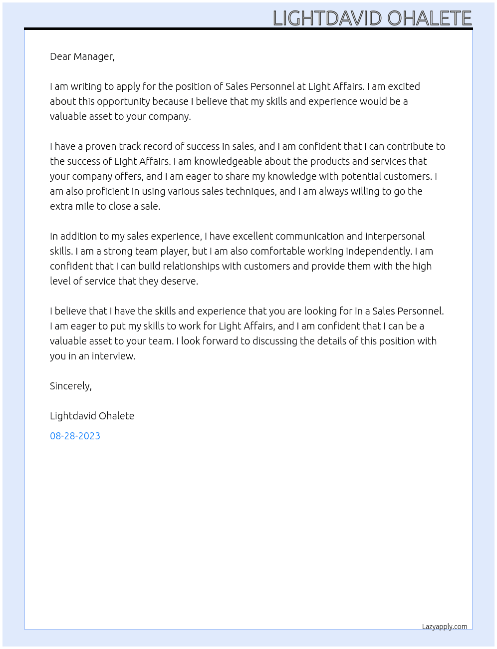 Sales personnel  At Light affairs  Cover Letter