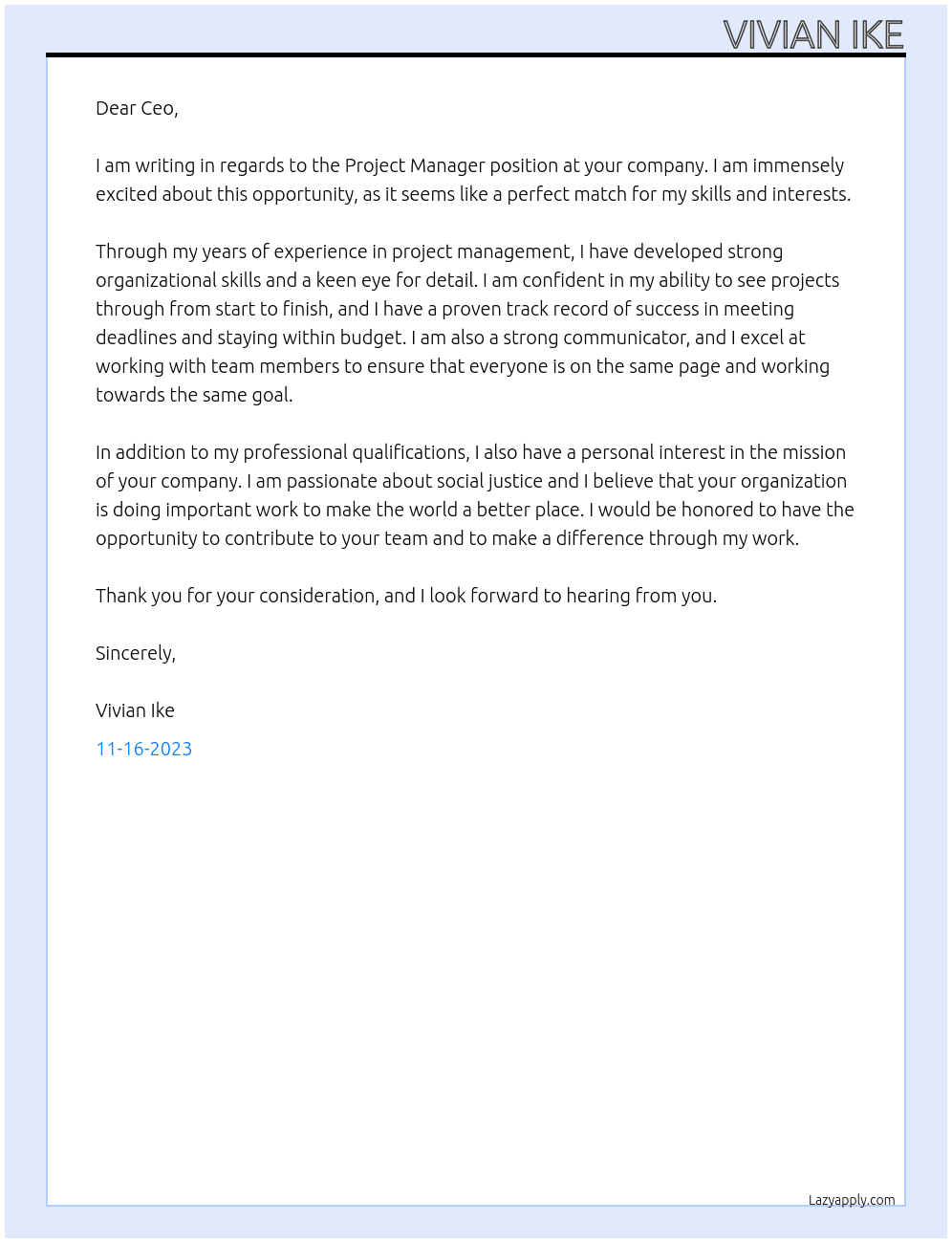 Project Manager  At Non profit Cover Letter