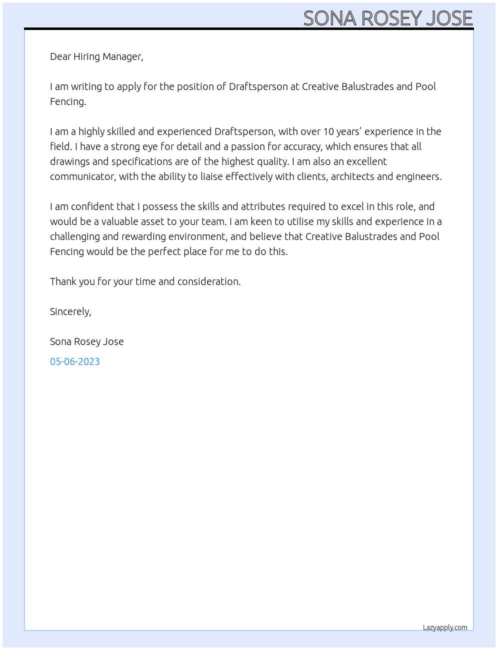 Draftsperson At Creative Balustrades and Pool Fencing Cover Letter