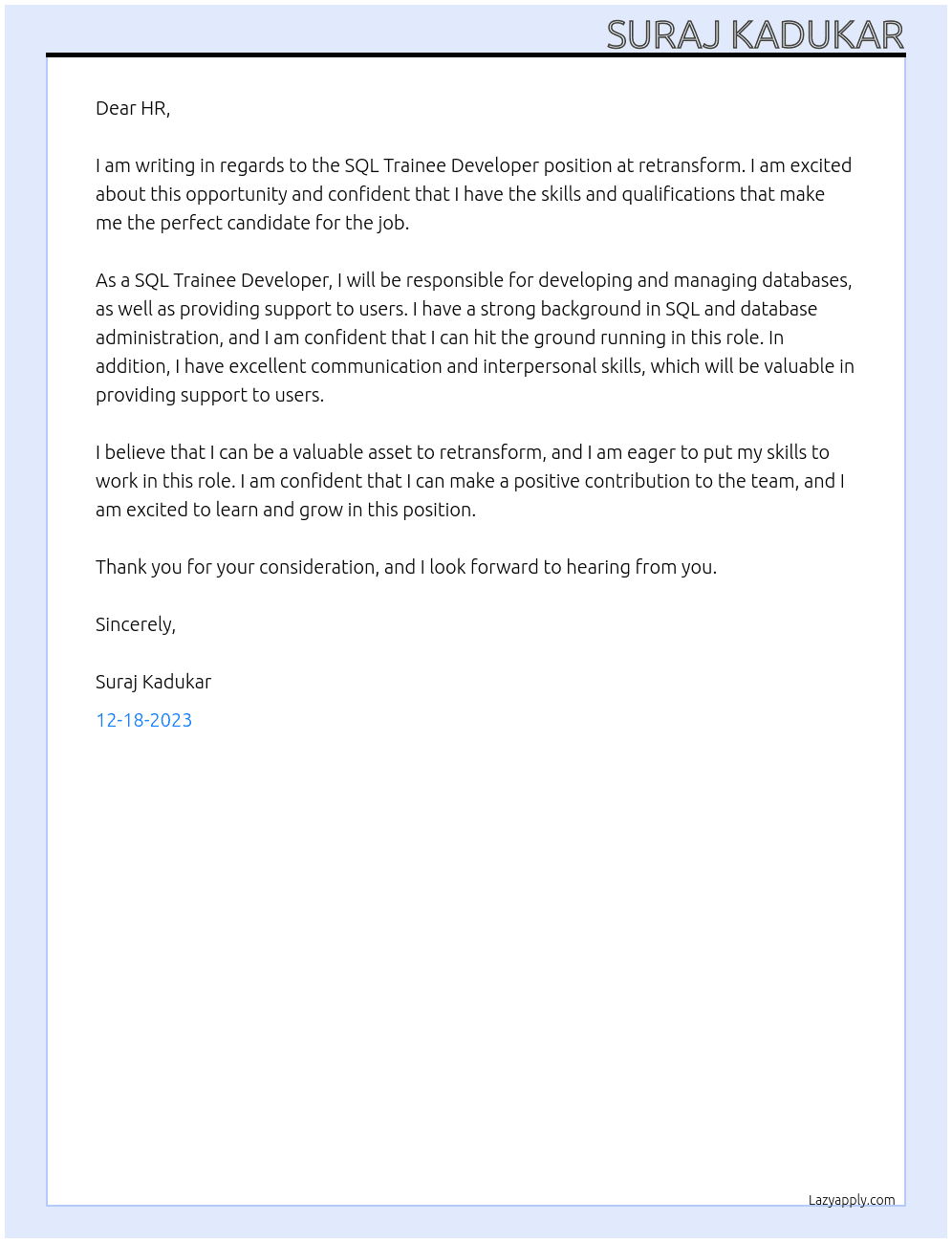 SQL Trainee Developer At retransform Cover Letter