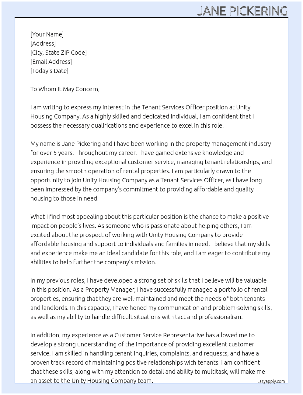 Tenant Services Officer At Unity Housing Company Cover Letter