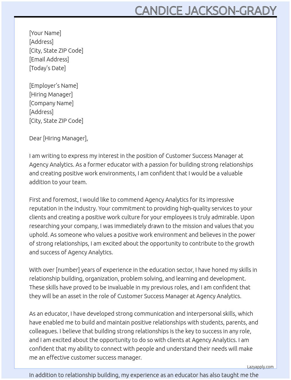 Customer Success Manager At Agency Analystics Cover Letter