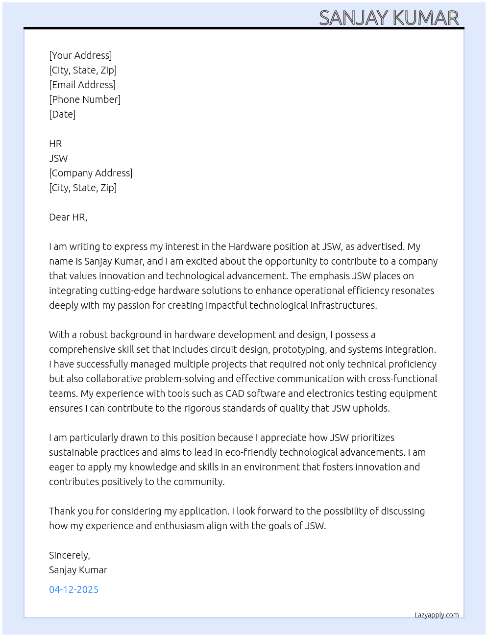 Cover letter for hardware - LazyApply