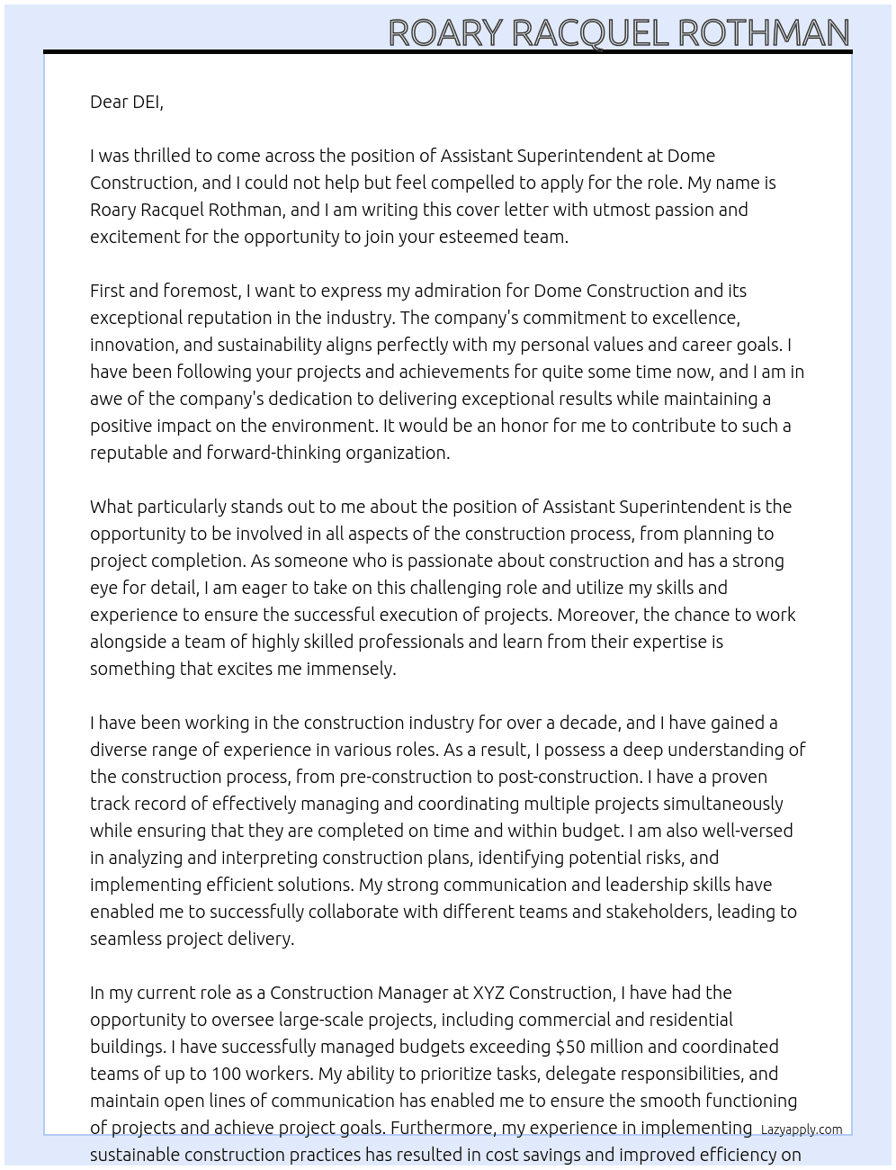 Assistant superintendent At Dome Construction Cover Letter