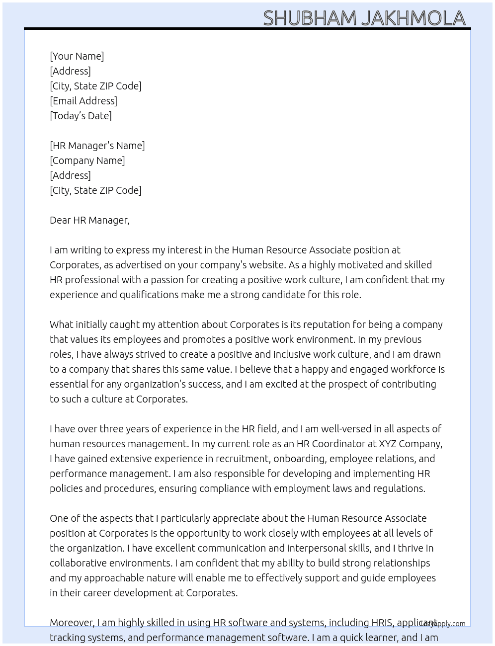 Human resource associate  At Corporates Cover Letter