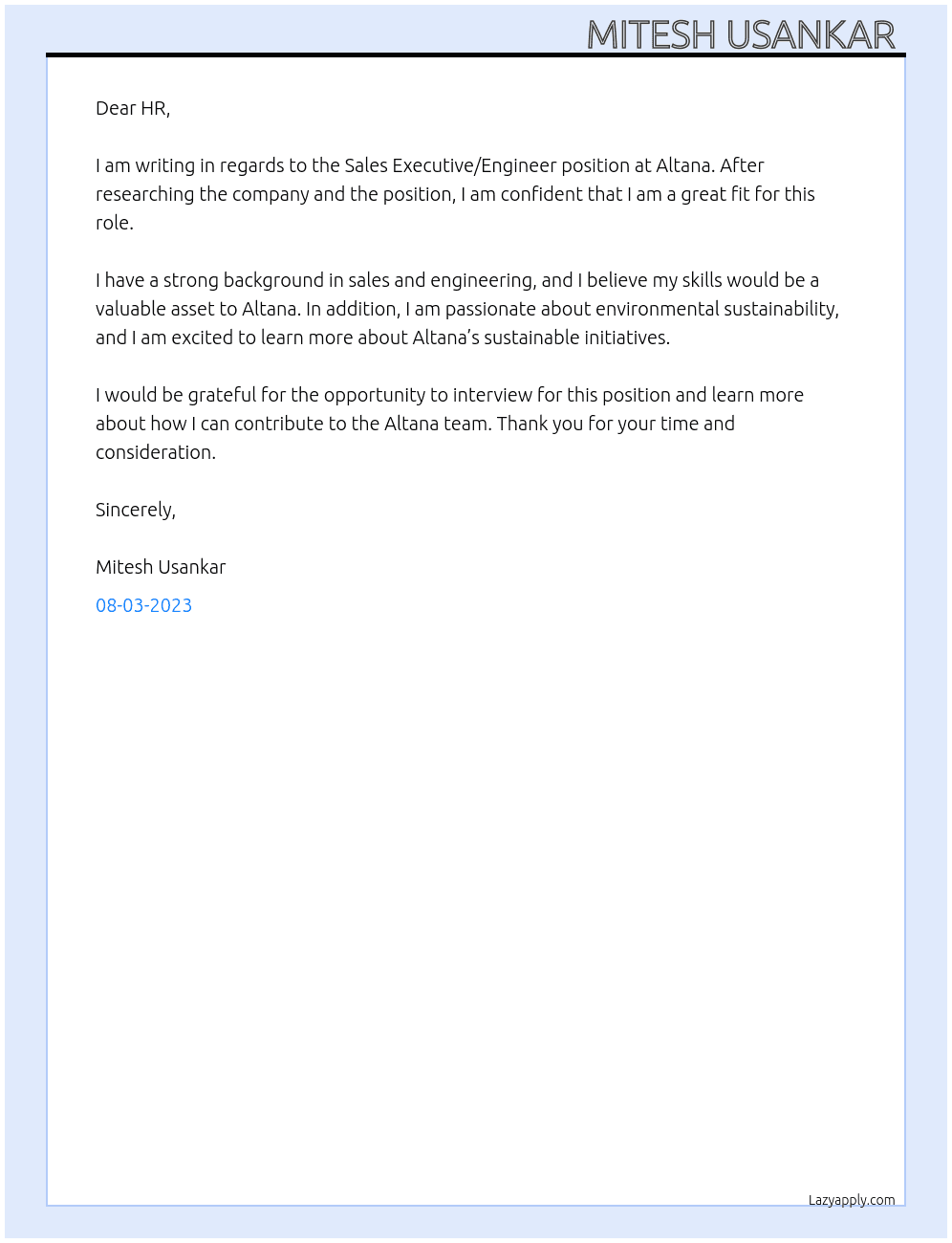 Sales Executive/Engineer  At Altana Cover Letter