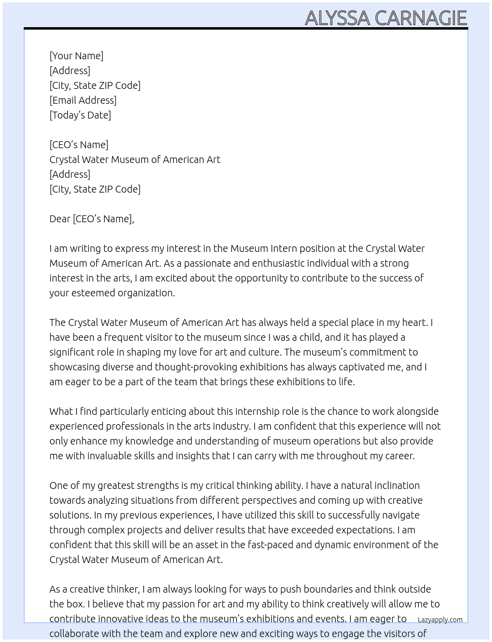 Museum Intern At Crystal Water Museum of American Art Cover Letter