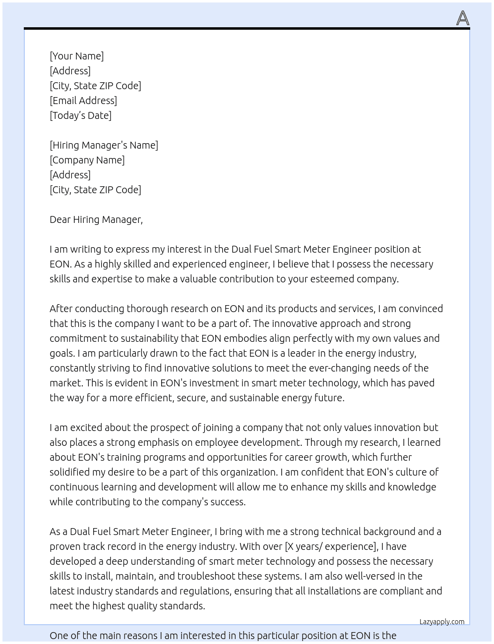  Dual Fuel Smart Meter Engineer At EON Cover Letter