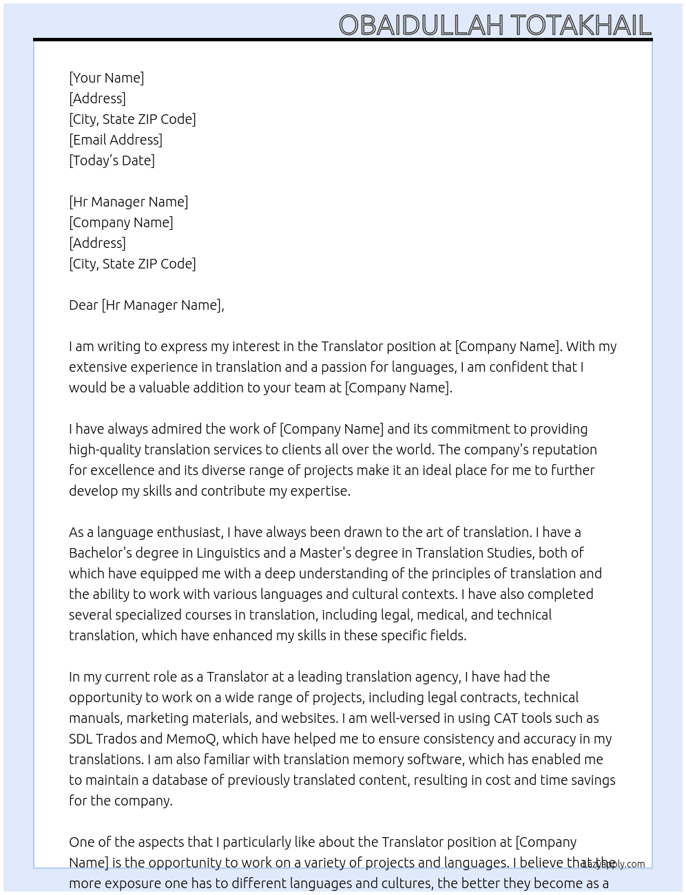 Translator At WFWI Cover Letter