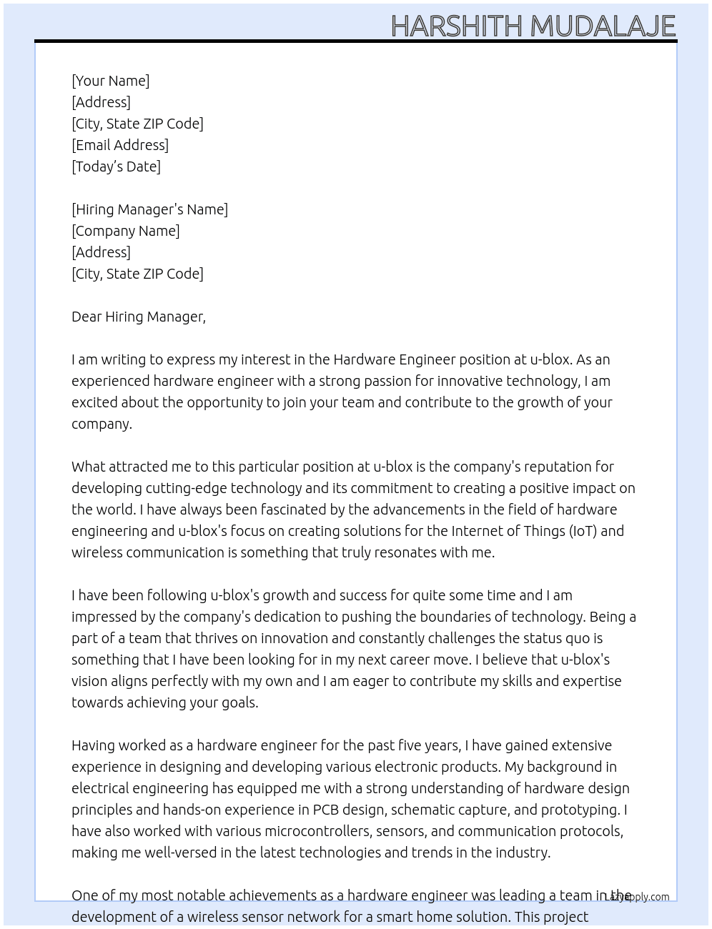 Hardware Engineer At u-blox Cover Letter