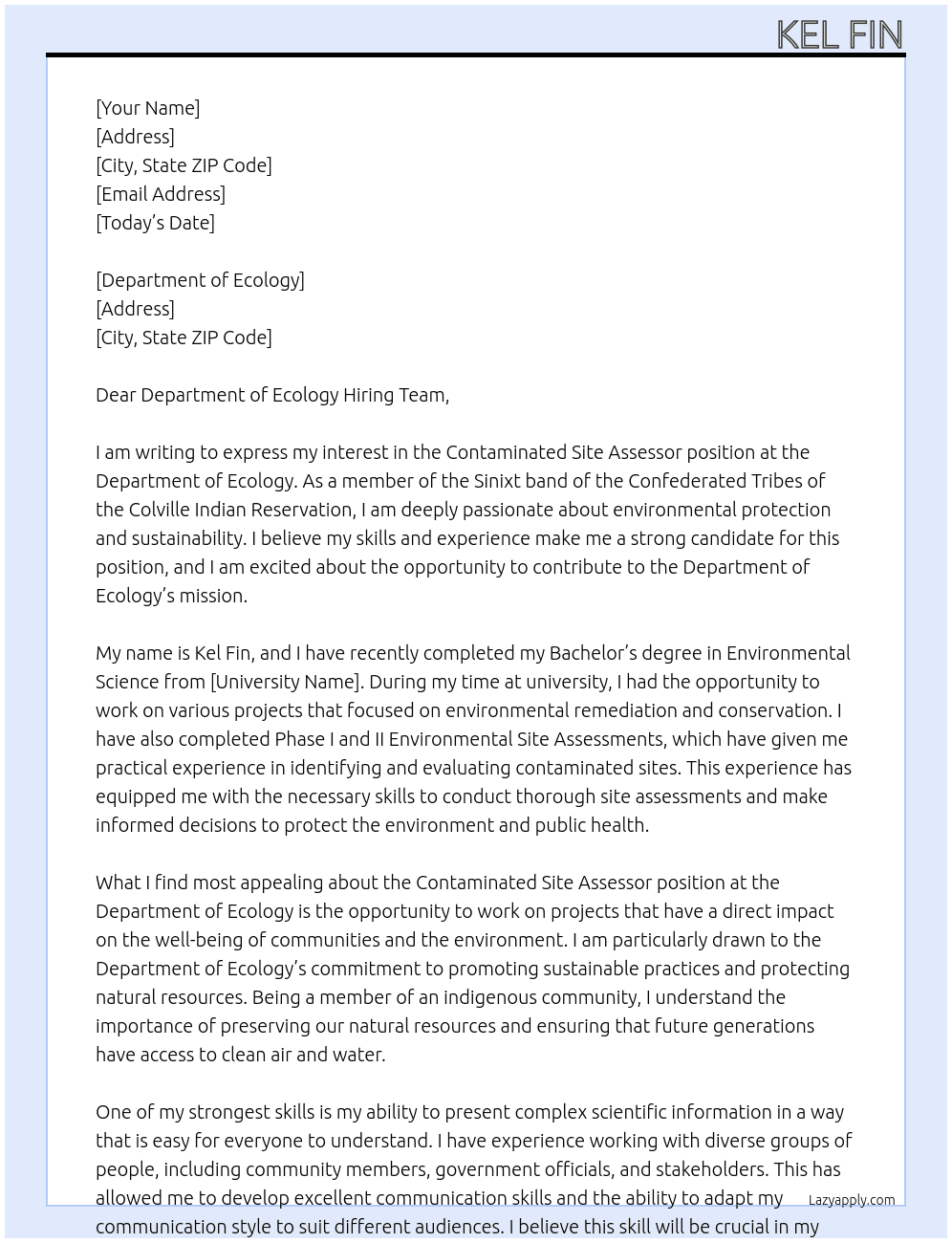 Contaminated Site Assessor At Department of Ecology Cover Letter