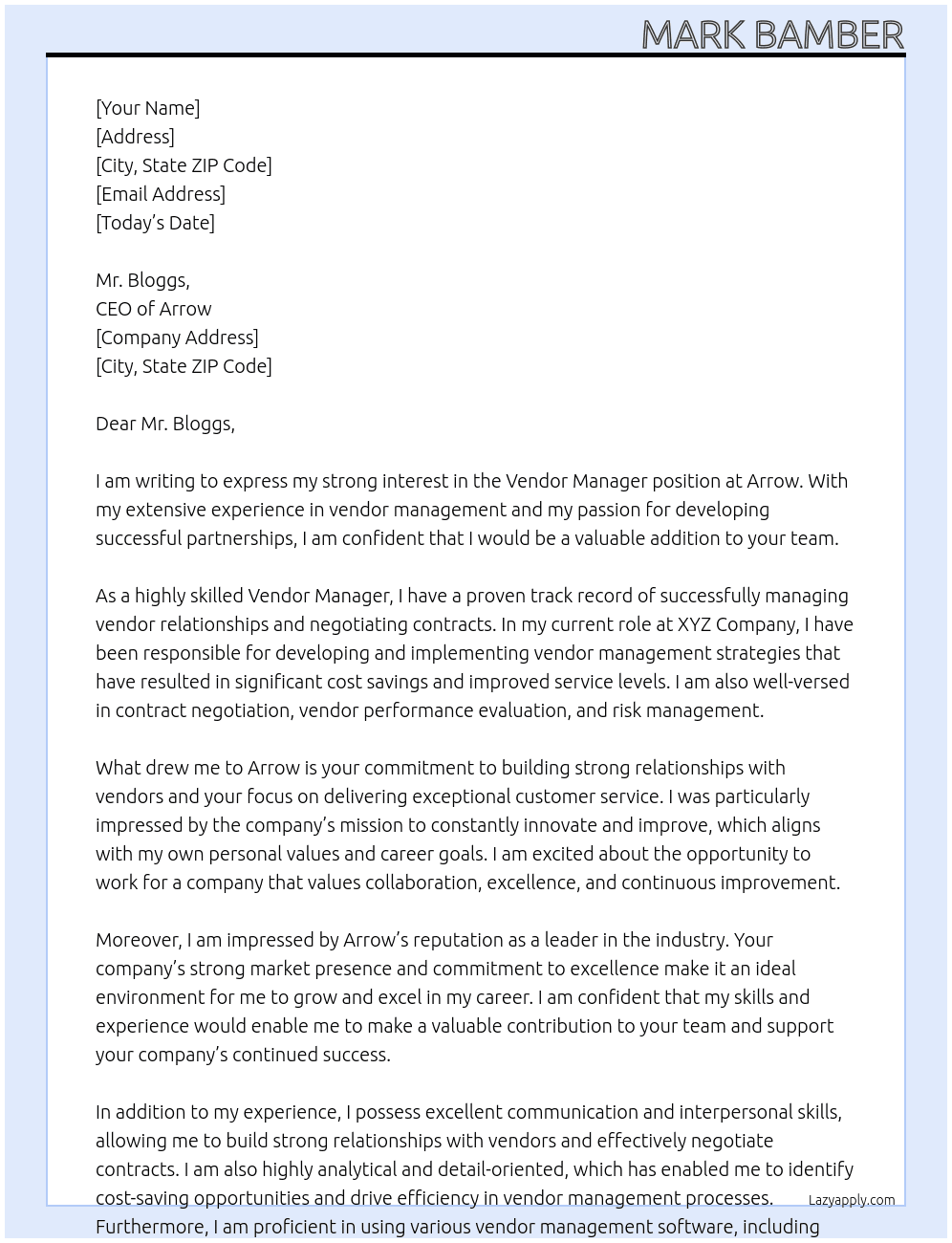 Vendor Manager At Arrow Cover Letter