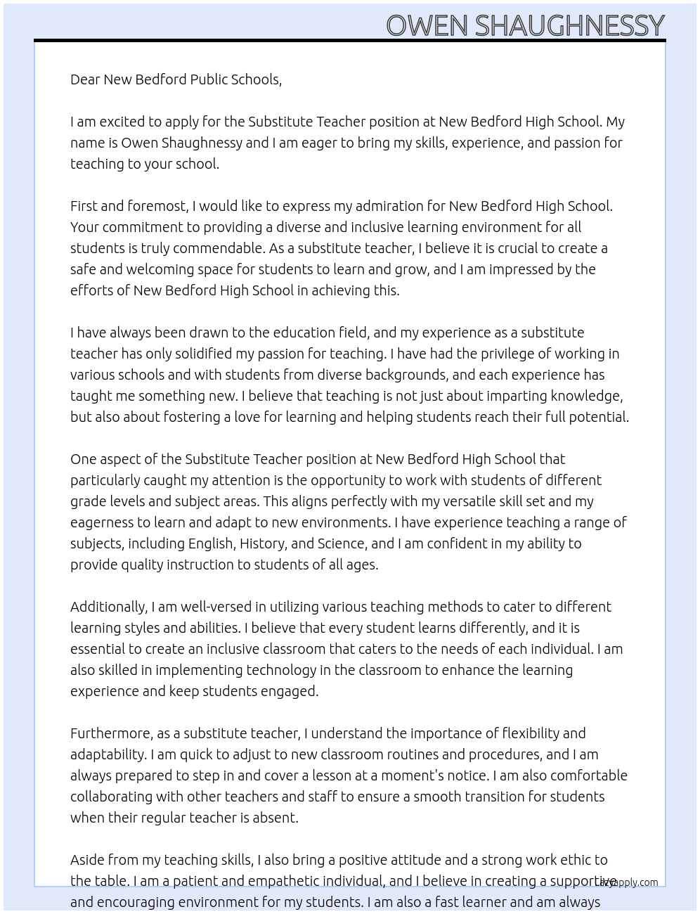Substitute teacher At New Bedford Hish School Cover Letter
