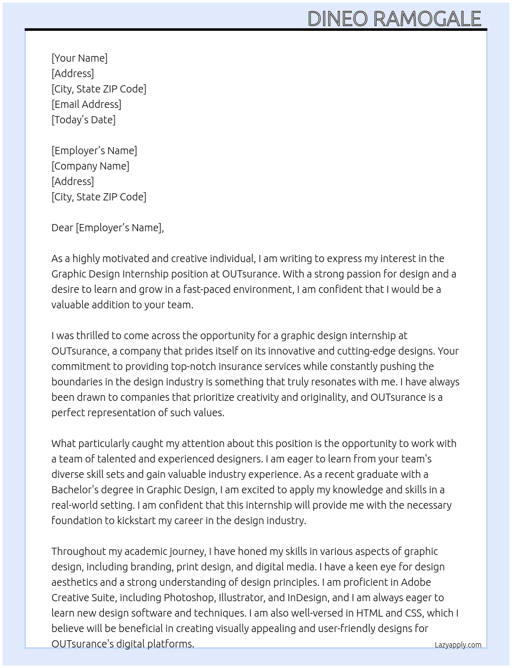  graphic design internship At OUTsurance Cover Letter