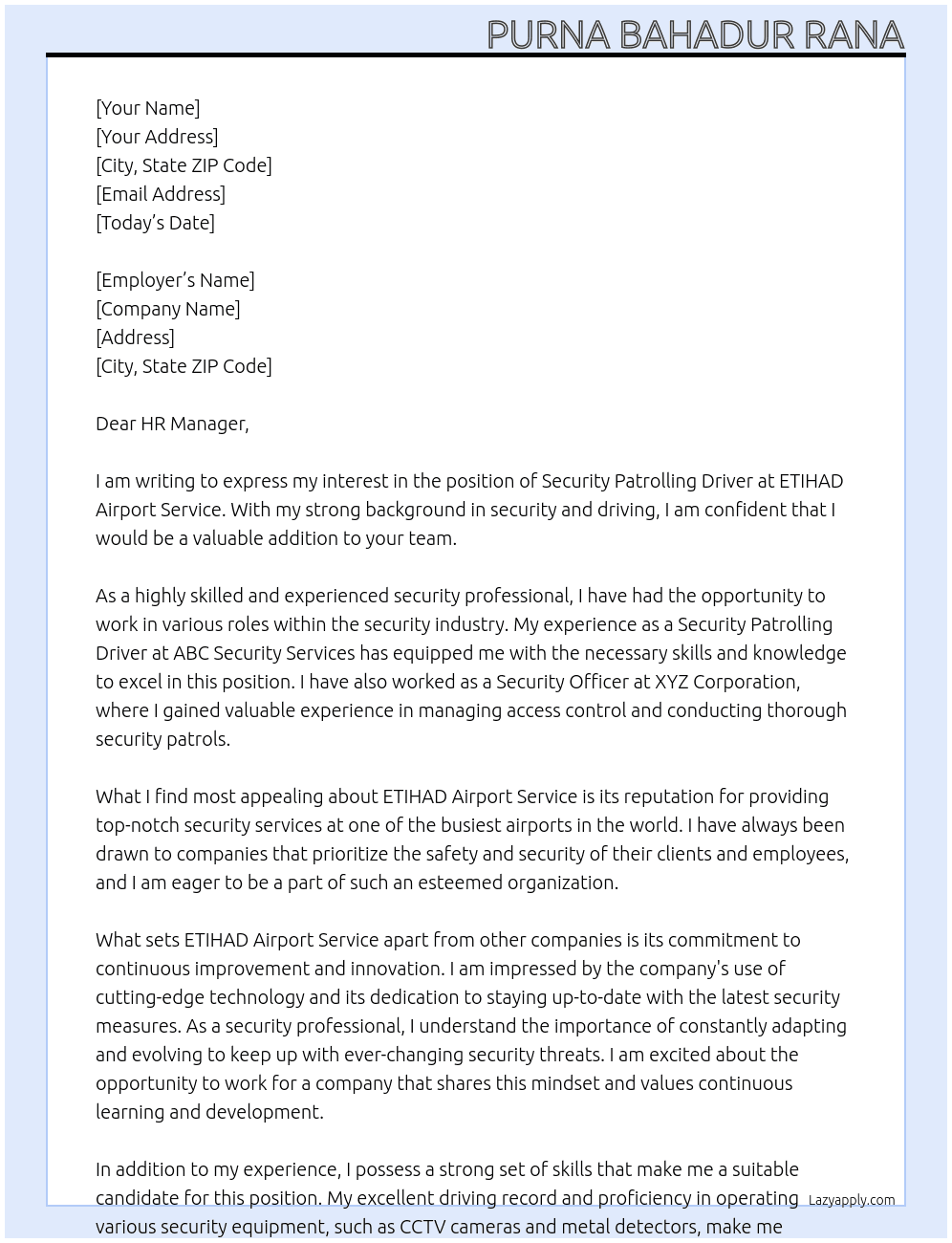 Security patrolling driver  At ETIHAD Airport Service  Cover Letter