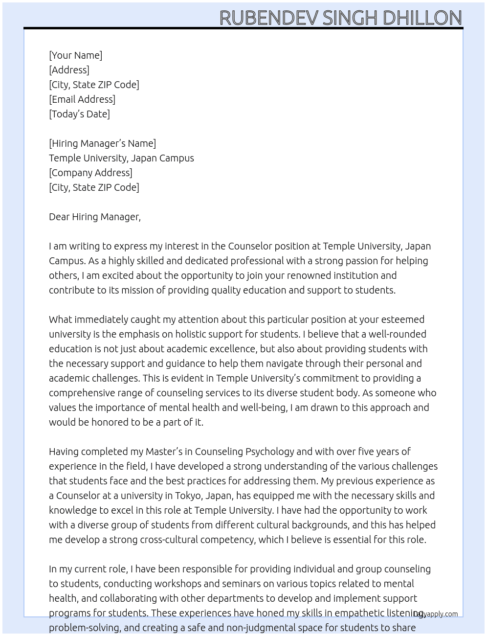 Counselor At Temple University, Japan Campus Cover Letter