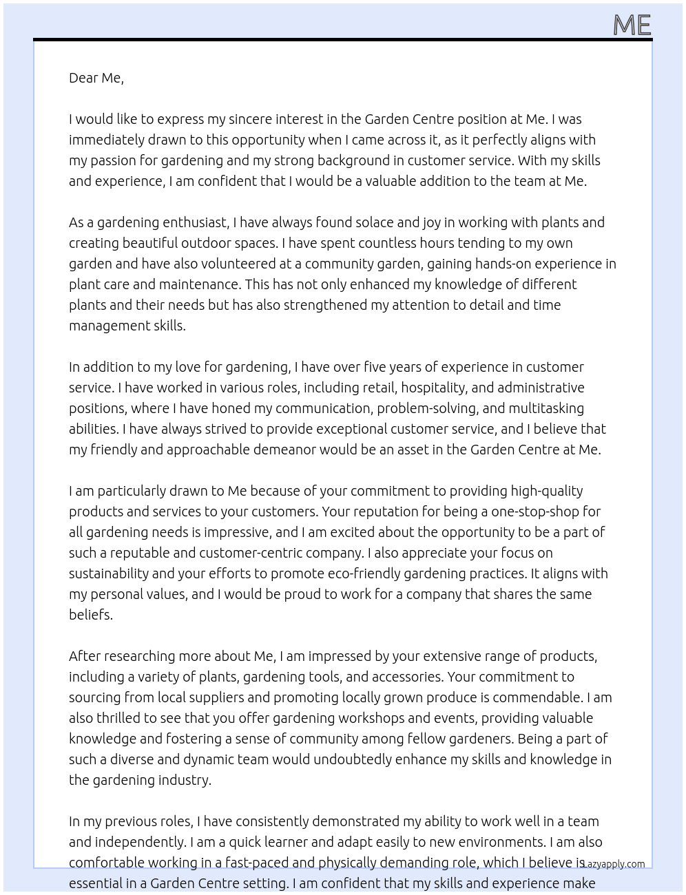 garden centre At me Cover Letter