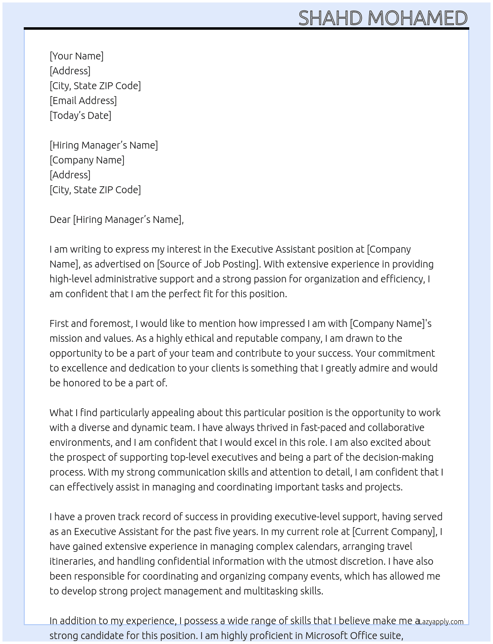 executive assistant At confedintial Cover Letter
