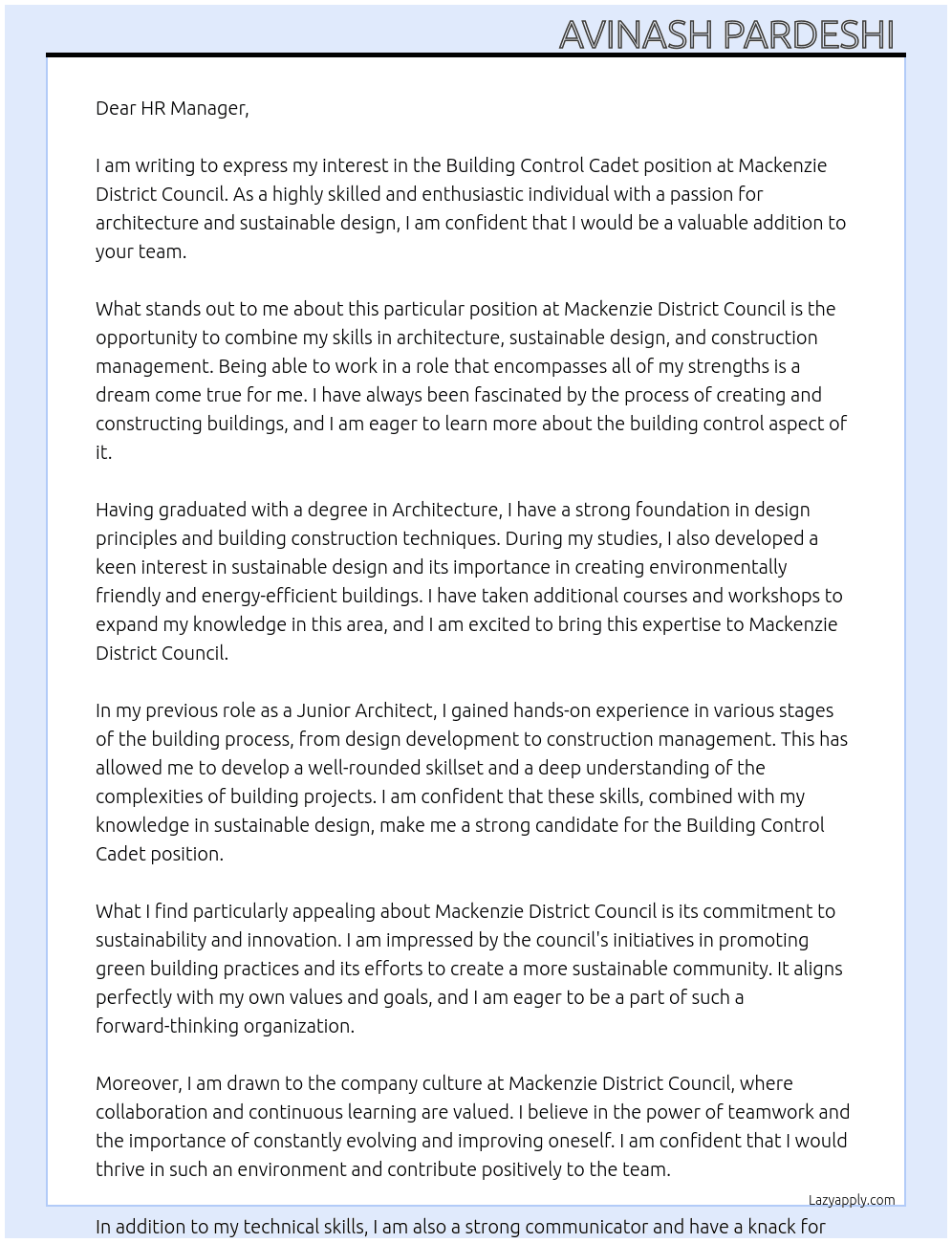 Building Control Cadet At Mackenzie District Council Cover Letter
