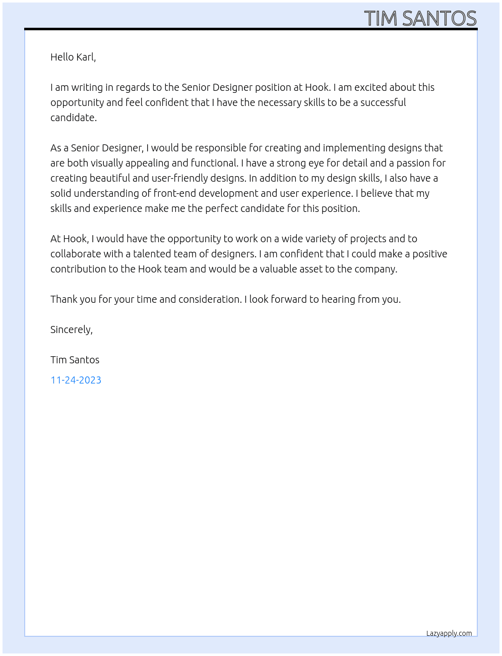 Senior Designer At Hook Cover Letter