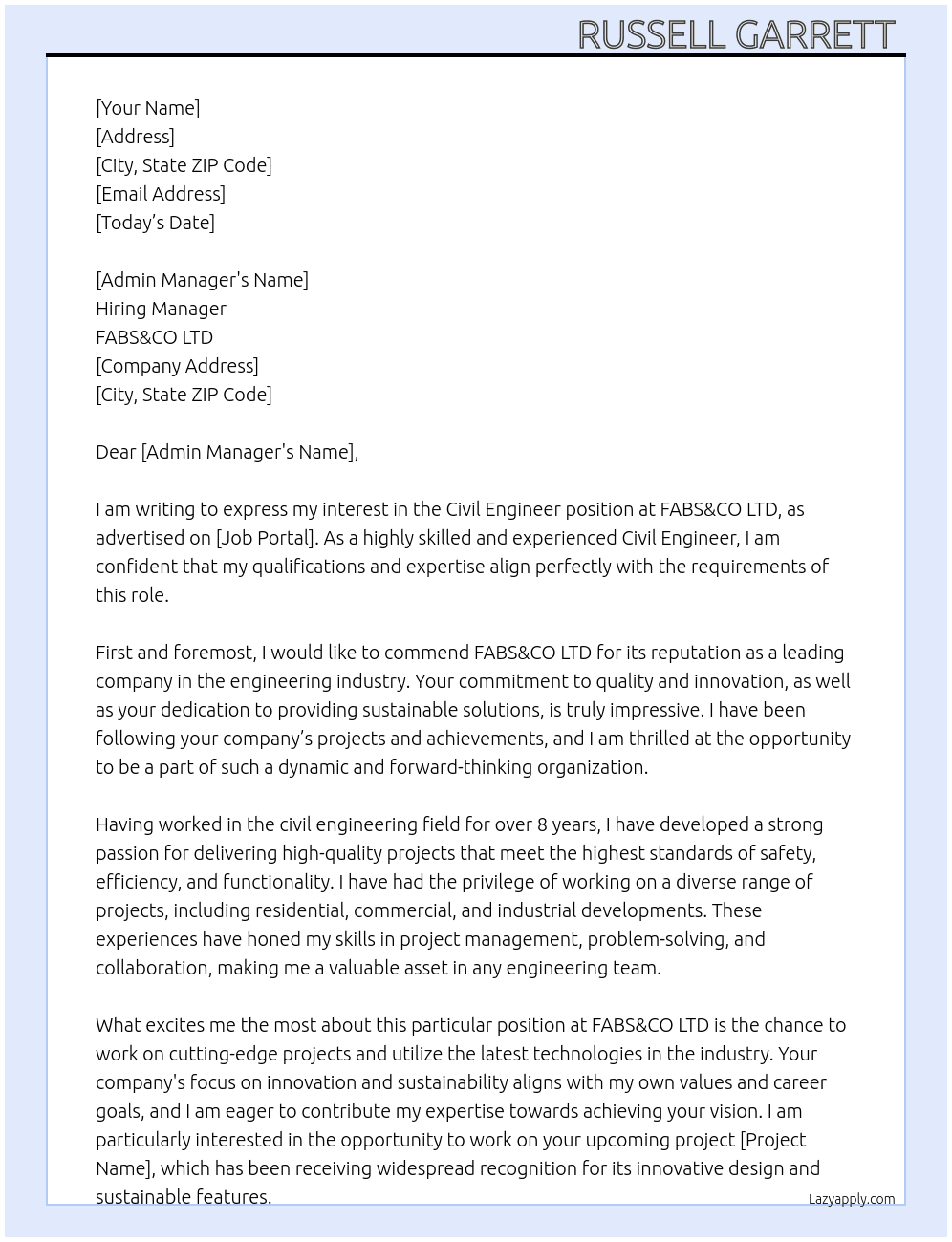 Civil Engineer  At FABS&CO LTD Cover Letter
