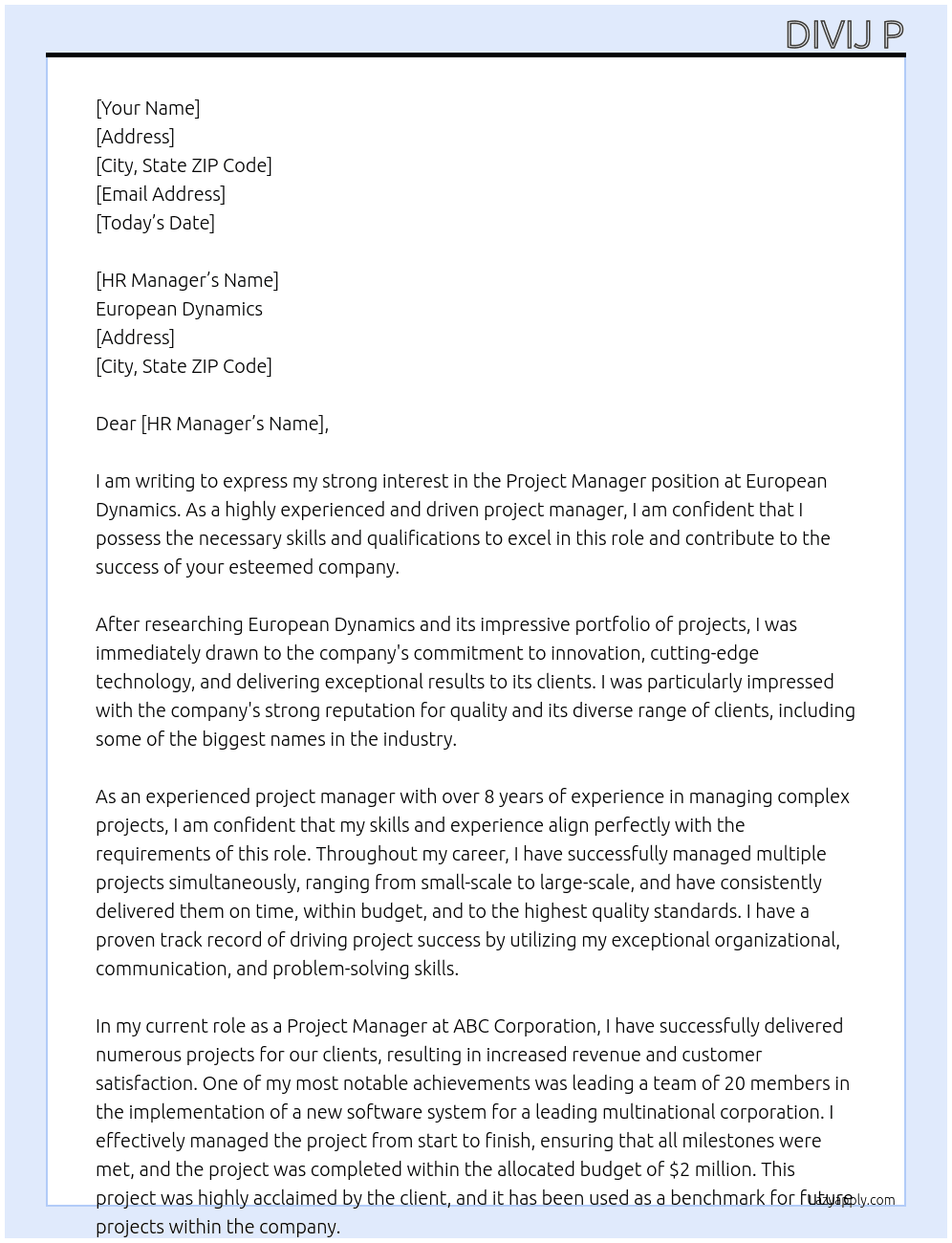 Project Manager  At European Dynamics  Cover Letter