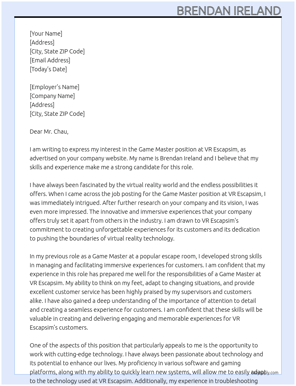 Game Master At VR Escapsim Cover Letter
