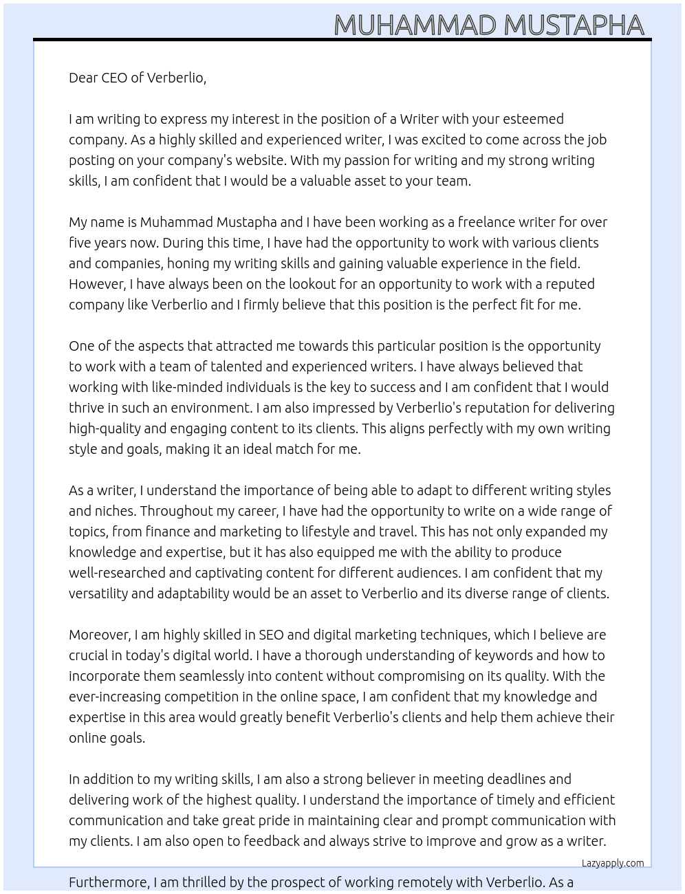 Writer  At Verberlio Cover Letter