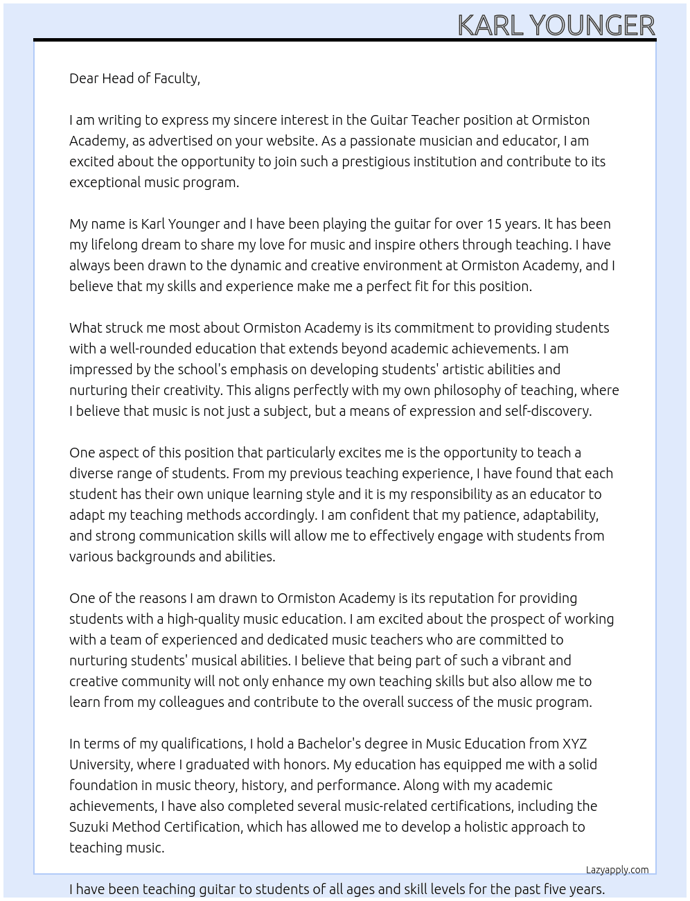 Guitar Teacher At Ormiston Acadmey  Cover Letter