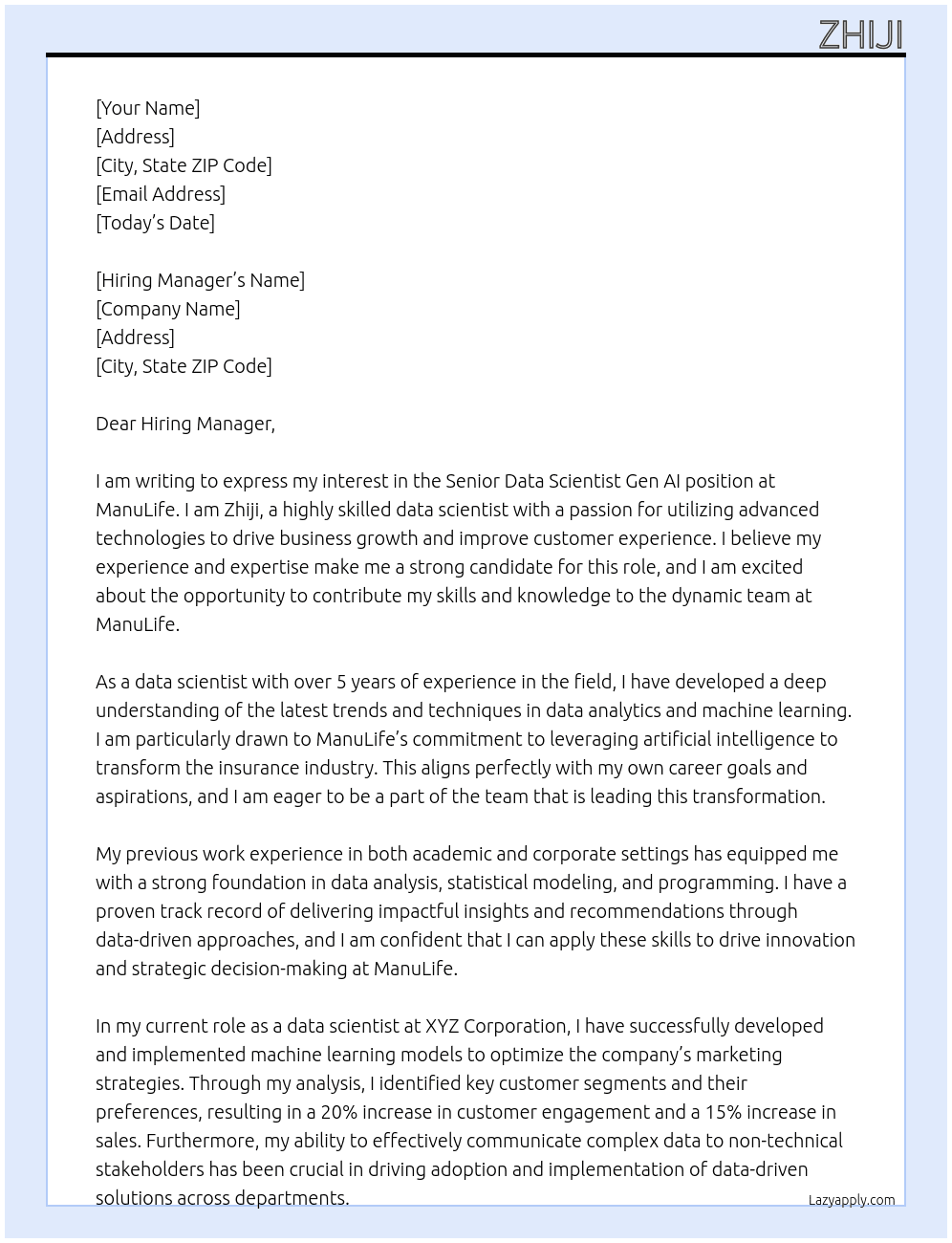 Senior Data Scientist Gen AI At ManuLife Cover Letter