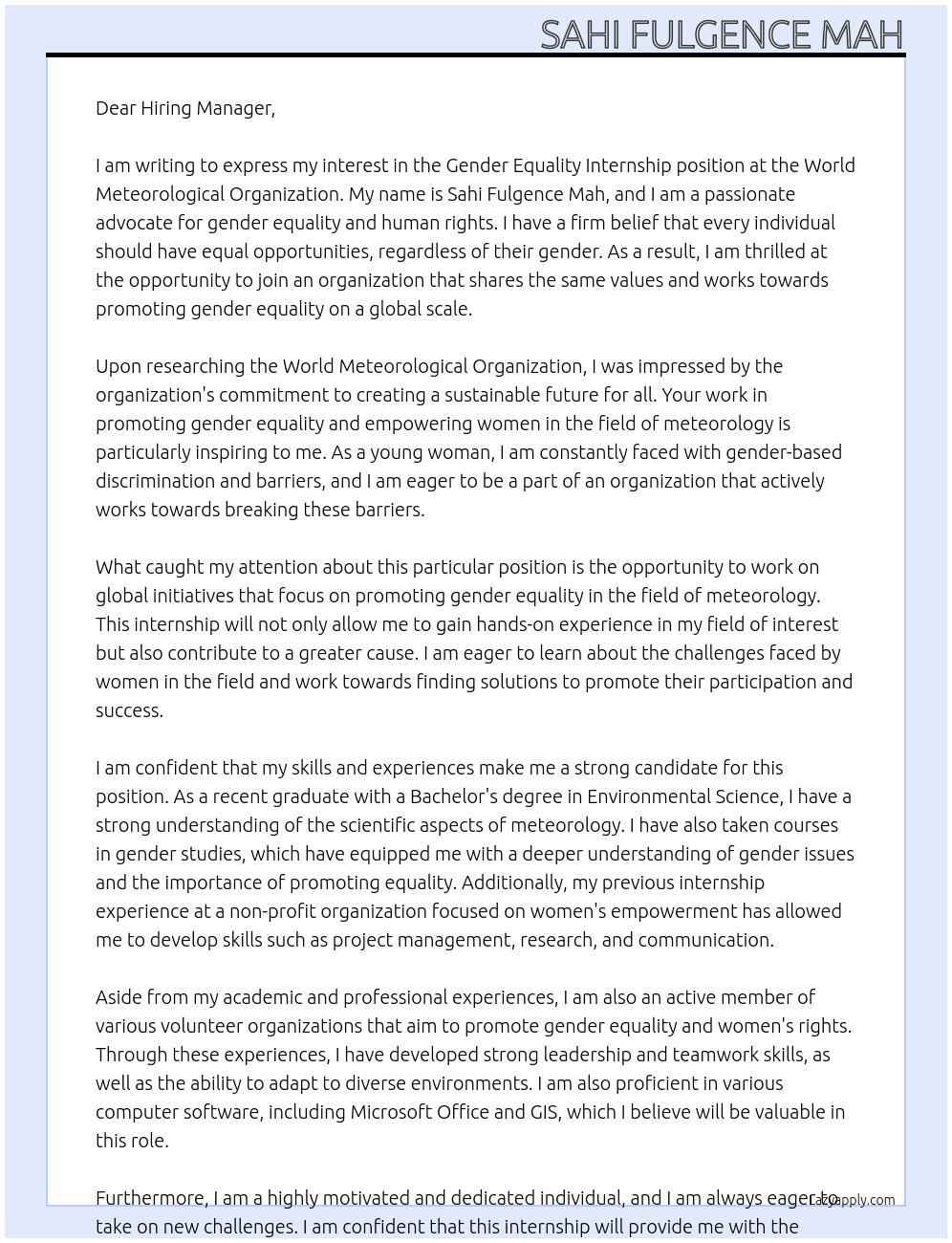 Gender Equality Internship At World Meteorological Organization Cover Letter