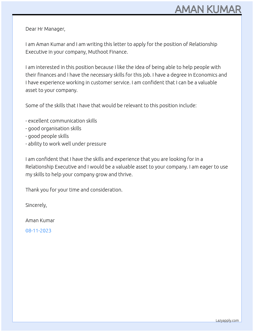 Relationship Executive At Muthoot Finance Cover Letter