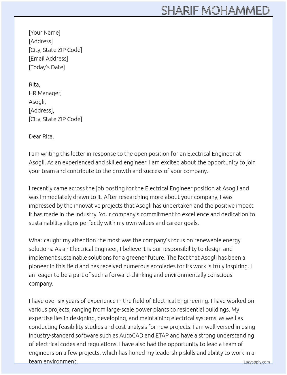 Electrical engineer At Asogli Cover Letter