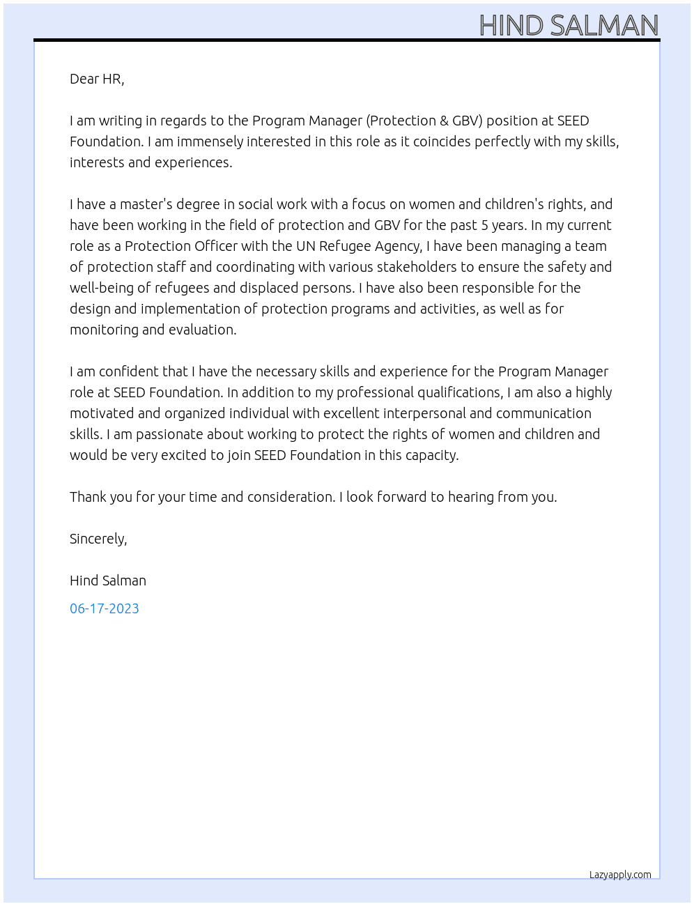 Program Manager (Protection & GBV) At SEED Foundation Cover Letter
