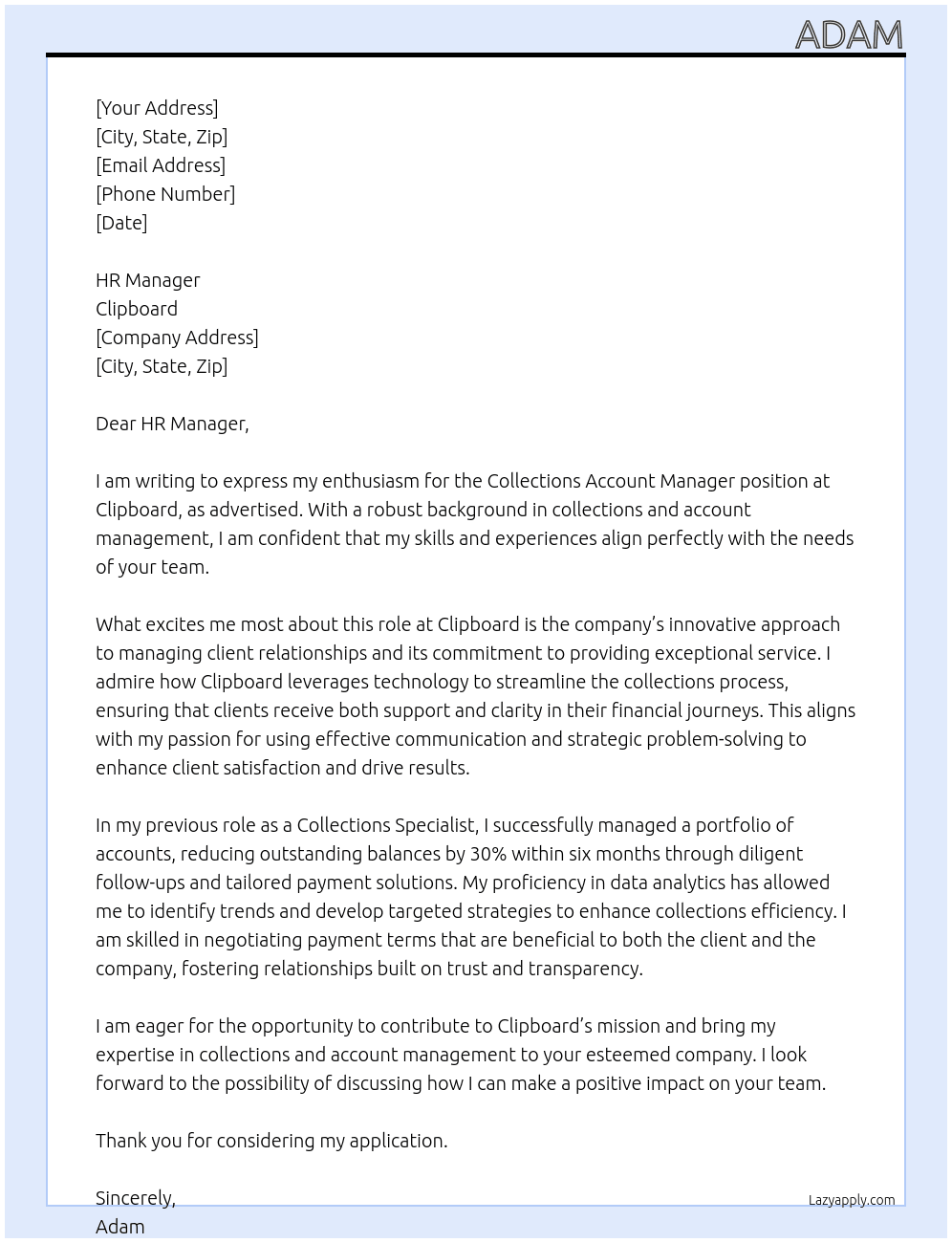 collections account manager At Clipboard Cover Letter