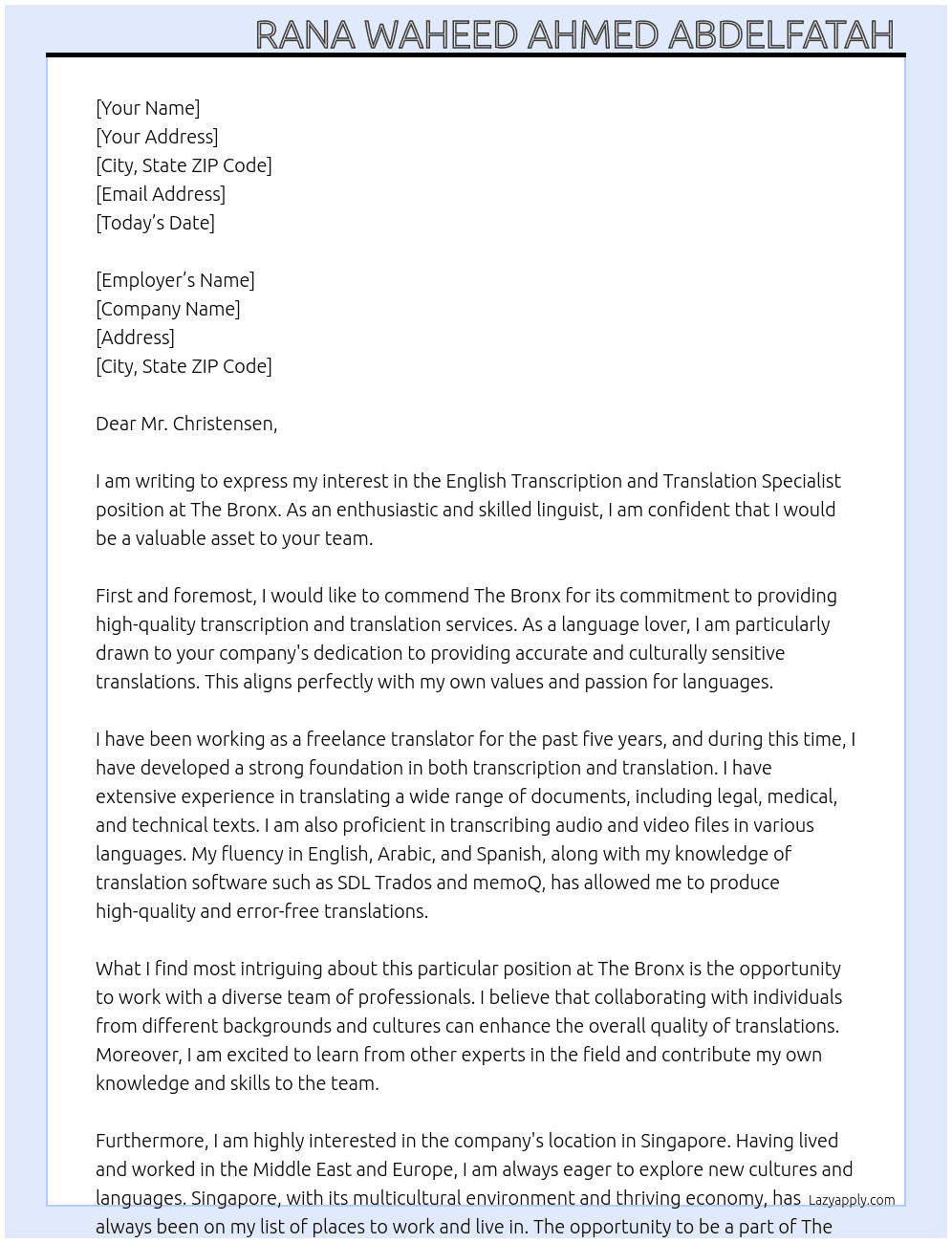 English Transcription and Translation Specialist At The Bronx Cover Letter
