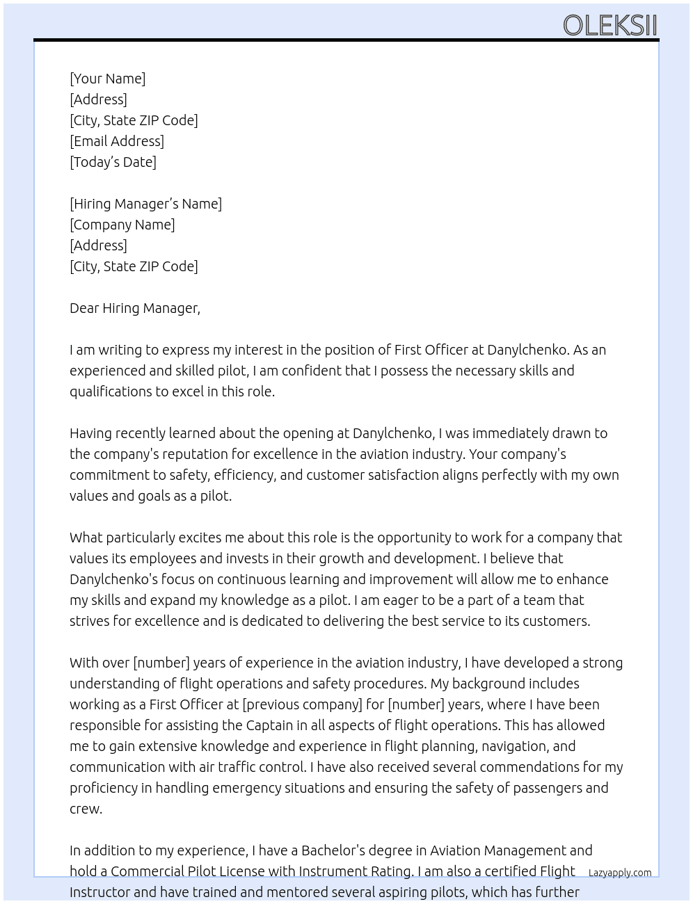 First officer At Danylchenko Cover Letter