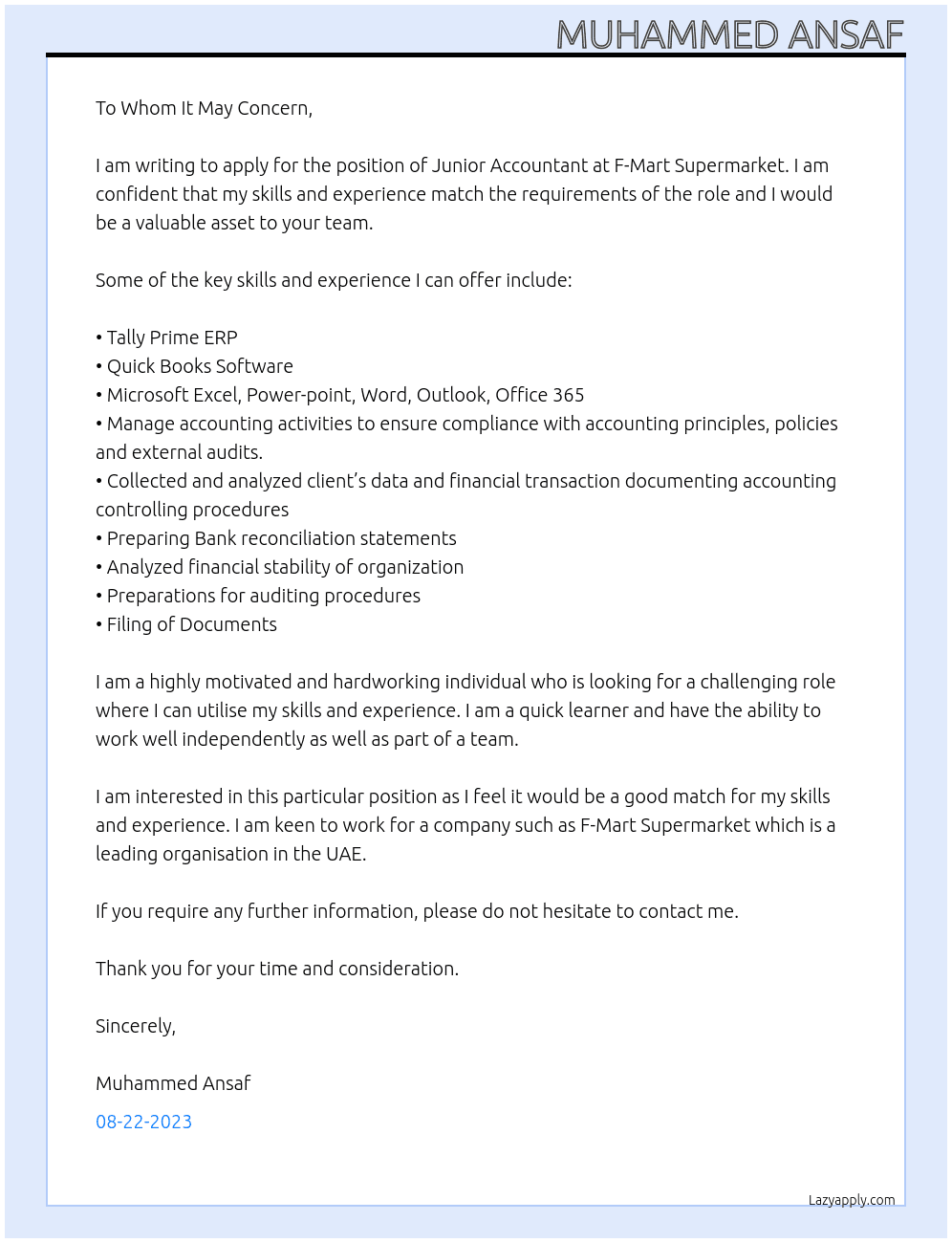 Junior Accountant At F-Mart Supermarket Cover Letter