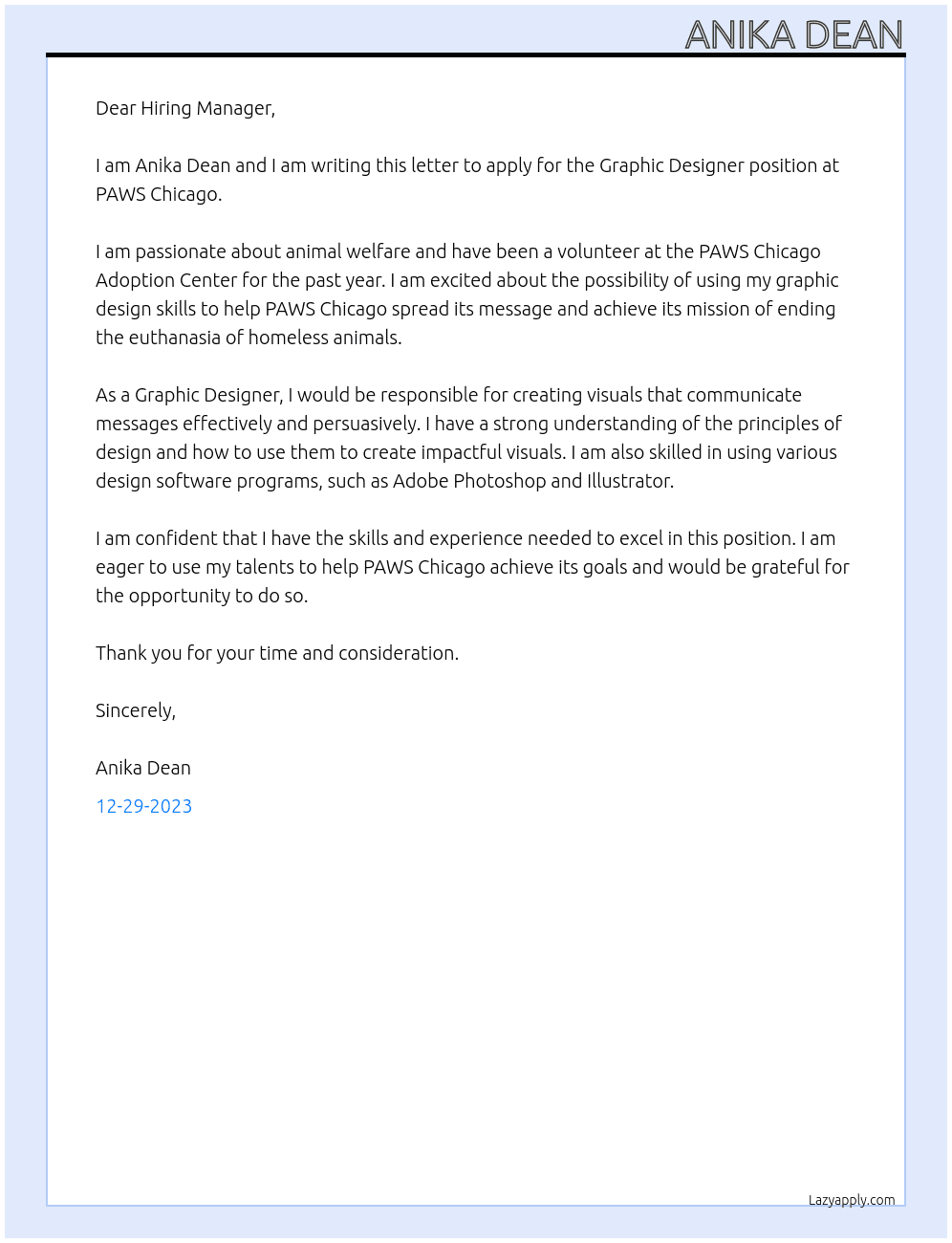 Graphic Designer At PAWS Chicago Cover Letter