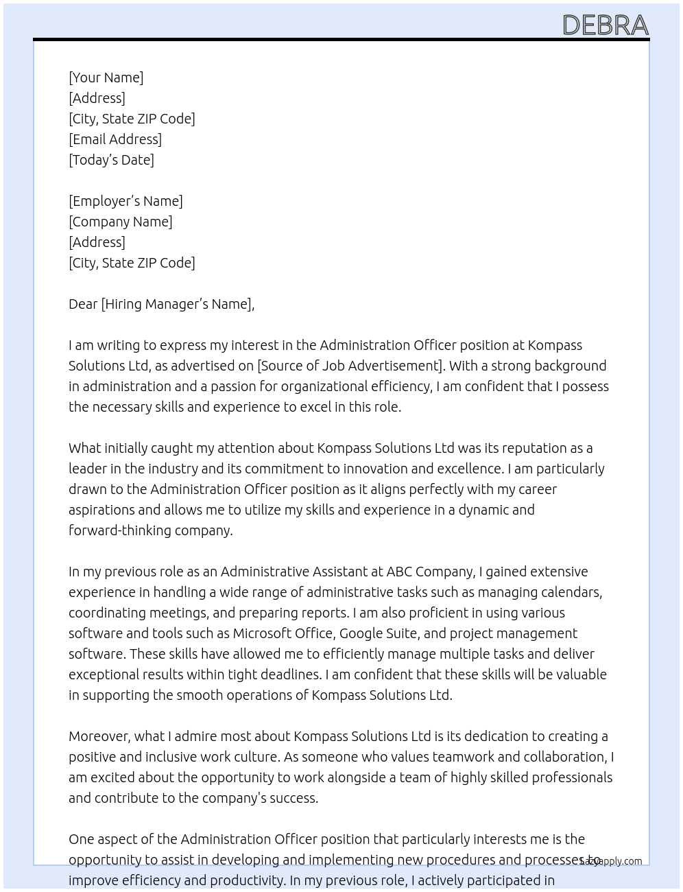 Administration officer At Kompass solutions Ltd Cover Letter
