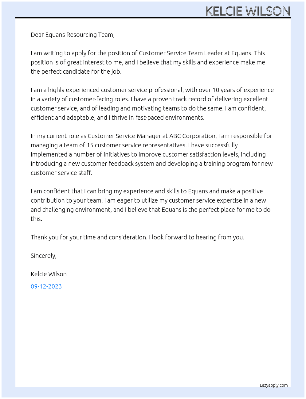 Customer Service Team Leader At Equans Cover Letter