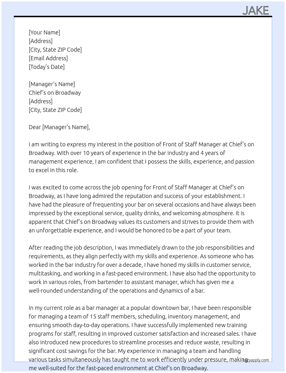 Front of staff manager  At Chief's on Broadway Cover Letter